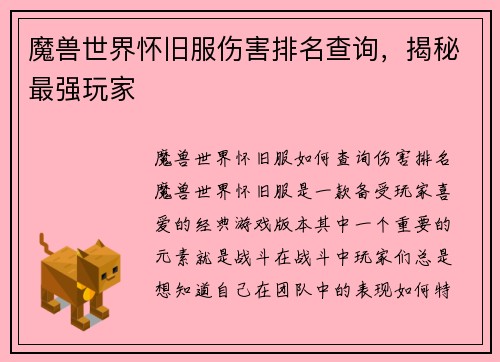 魔兽世界怀旧服伤害排名查询,揭秘最强玩家